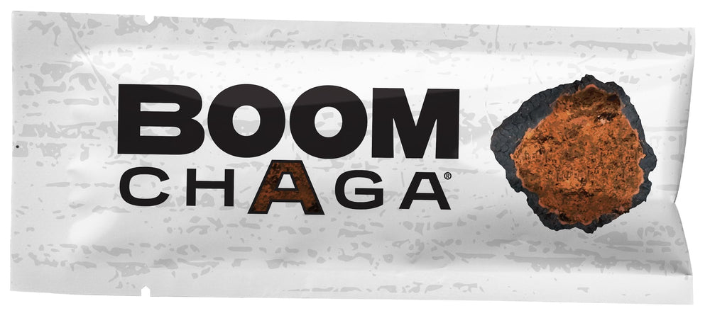 Closeup of amber BOOM Chaga liquid highlighting antioxidant profile.