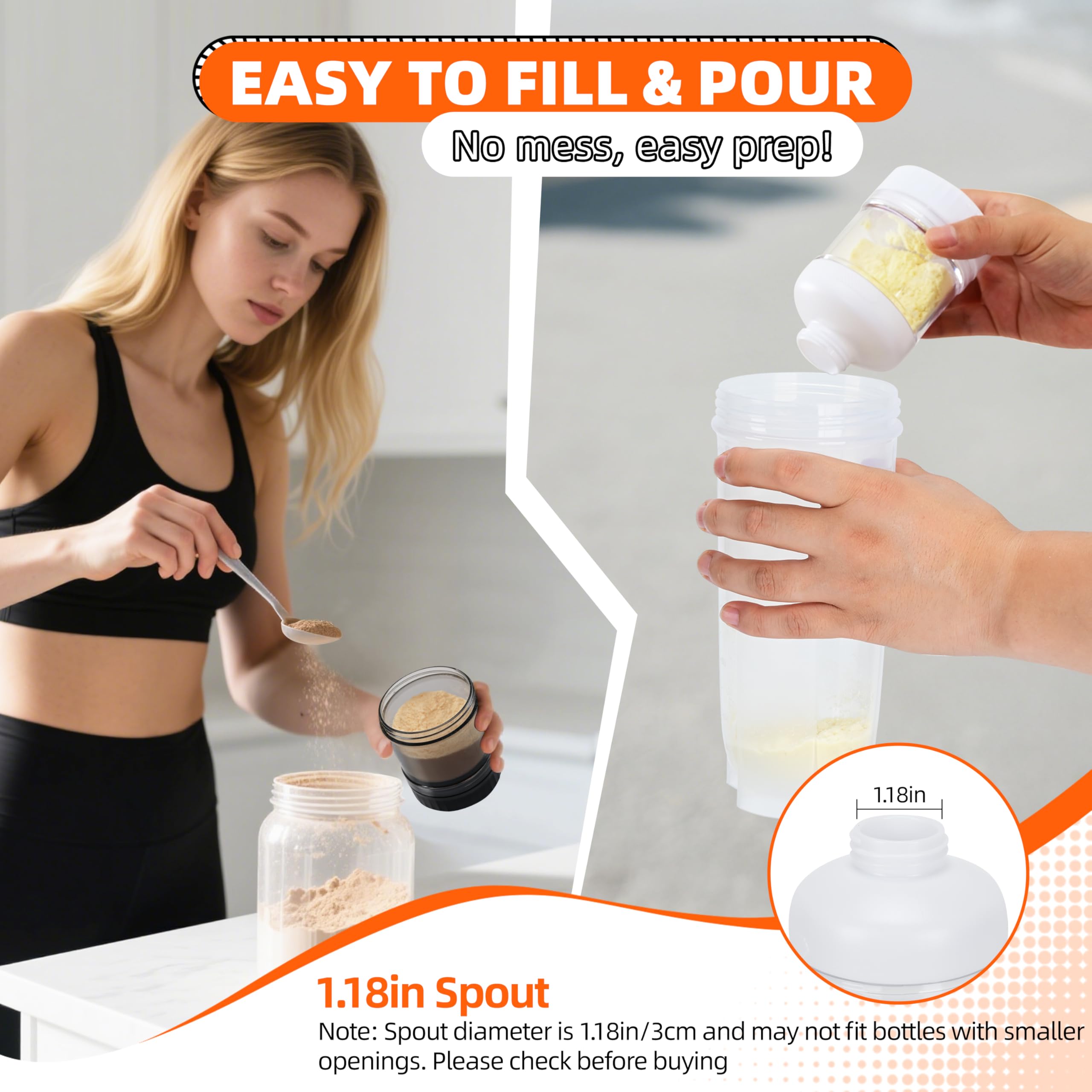 BooMetCheer protein container pour-spout minimizes spills during shakes.