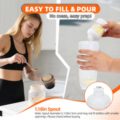 BooMetCheer protein container pour-spout minimizes spills during shakes.