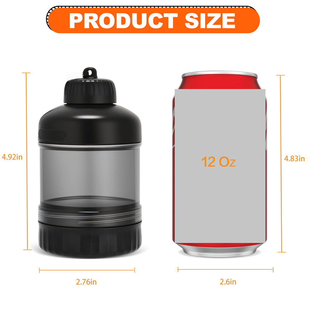 BooMetCheer protein container travel-clip attaches to bag or shaker.