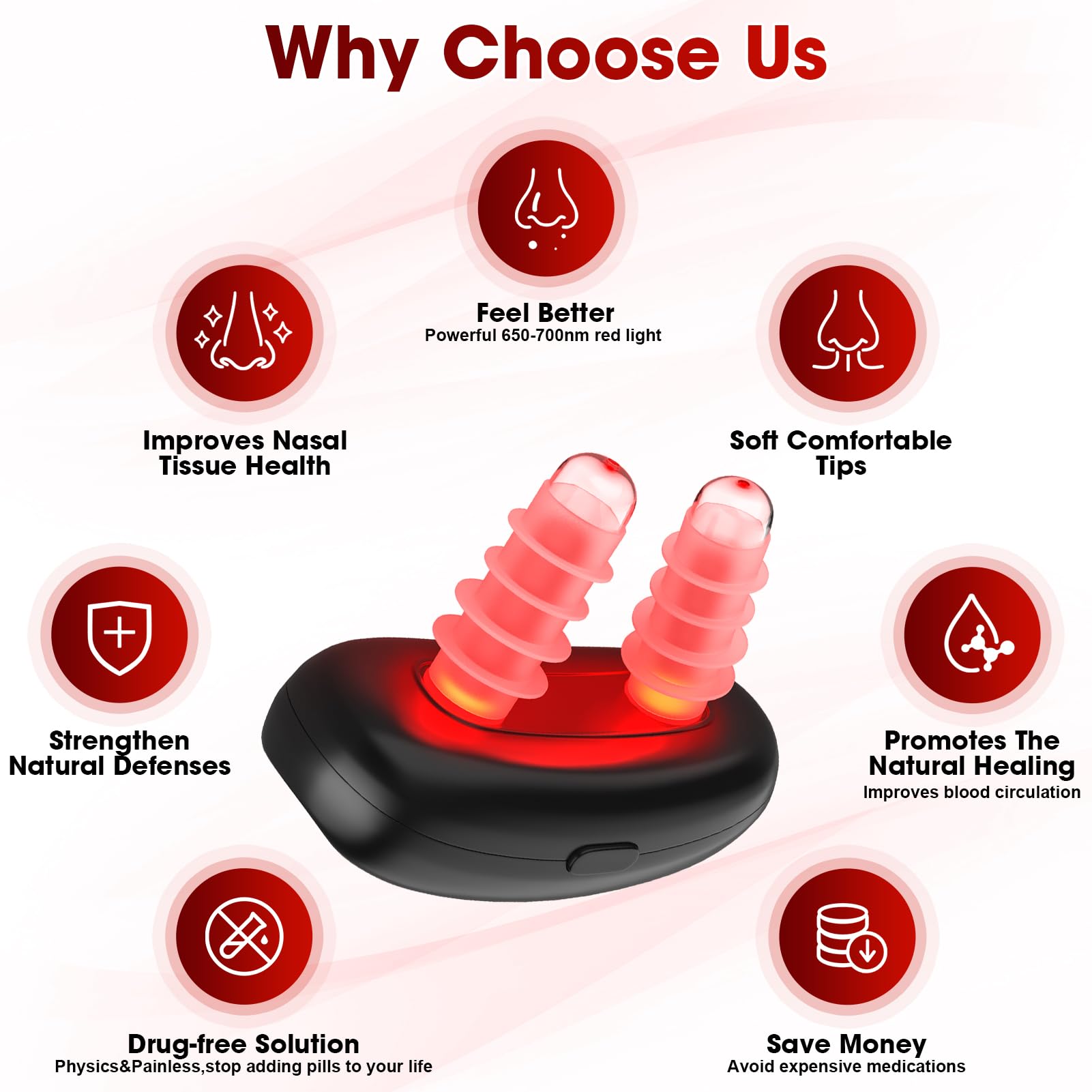 Boomluck sinus relief LED device delivering gentle red light