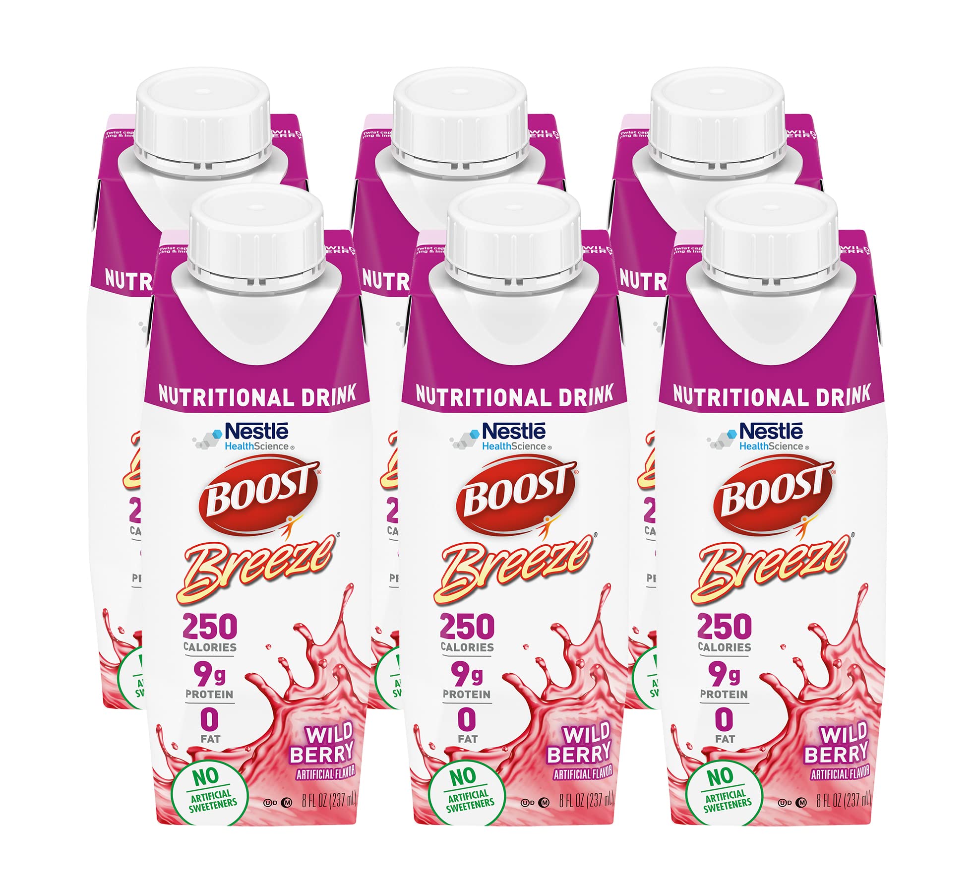 BOOST Breeze Wildberry bottle pour shows a convenient 8 oz serving for on-the-go nutrition