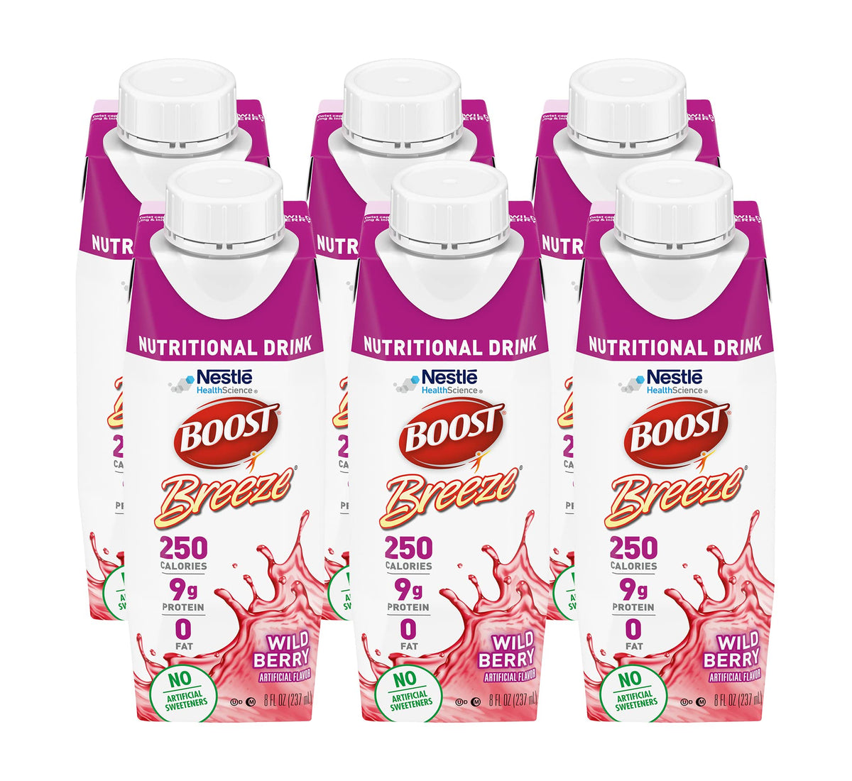 BOOST Breeze Wildberry bottle pour shows a convenient 8 oz serving for on-the-go nutrition