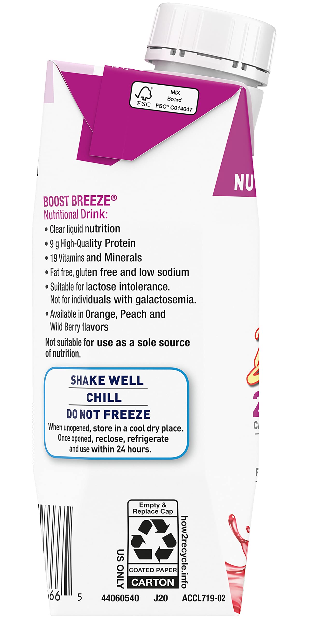 BOOST Breeze Wildberry label close-up notes gluten-free and no artificial sweeteners