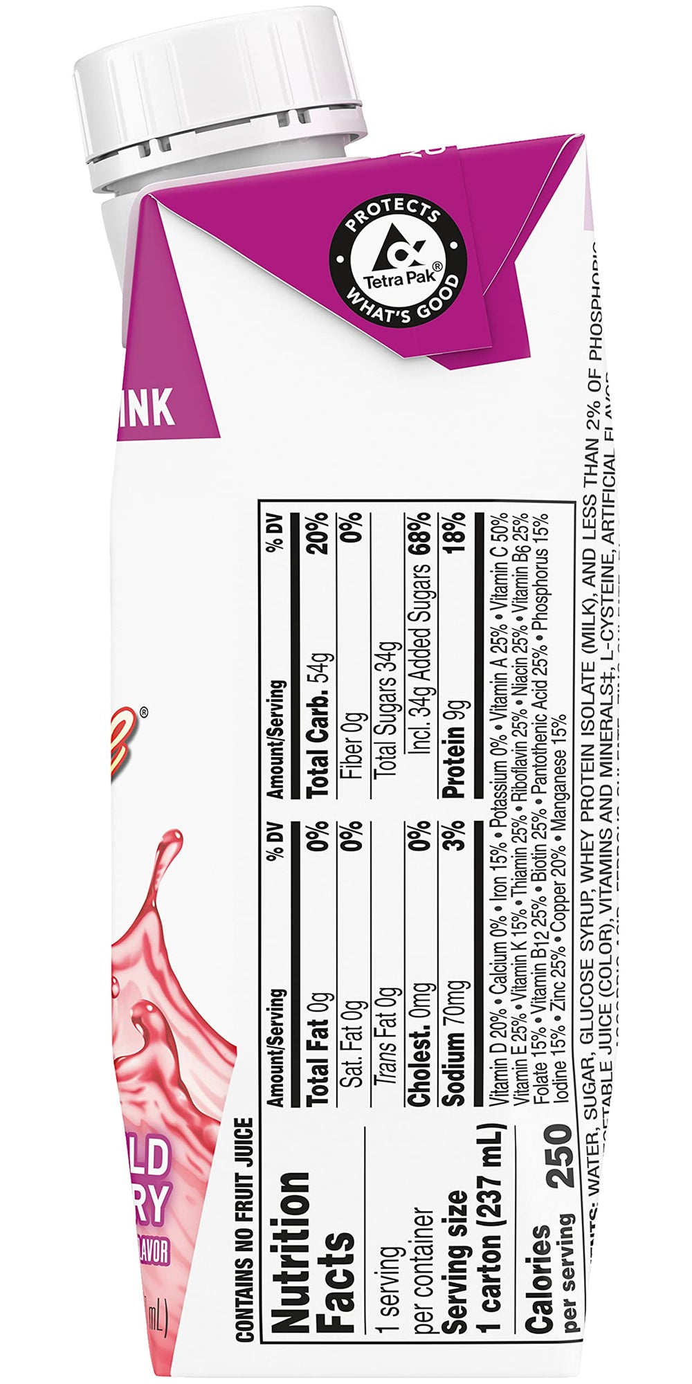 BOOST Breeze Wildberry nutrition facts panel emphasizes 9 g protein and 250 calories per serving