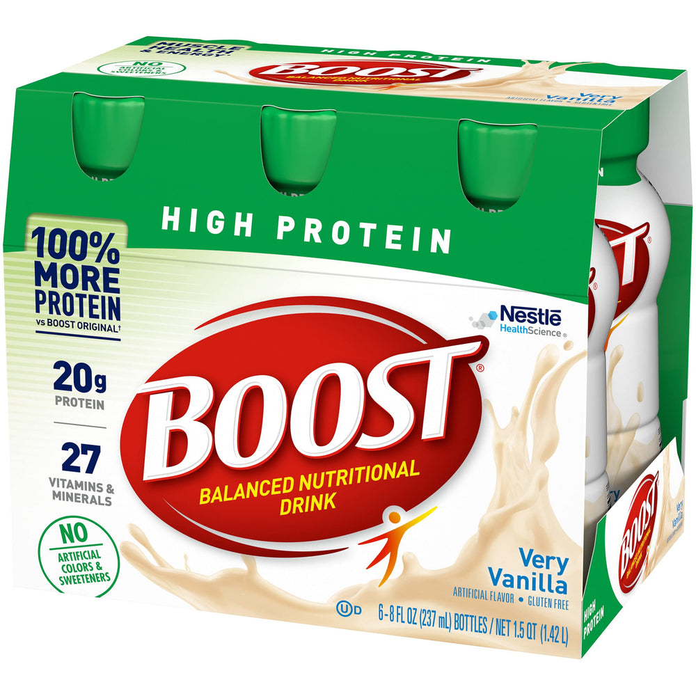 Back panel of BOOST Vanilla nutrition facts highlighting protein and vitamin content