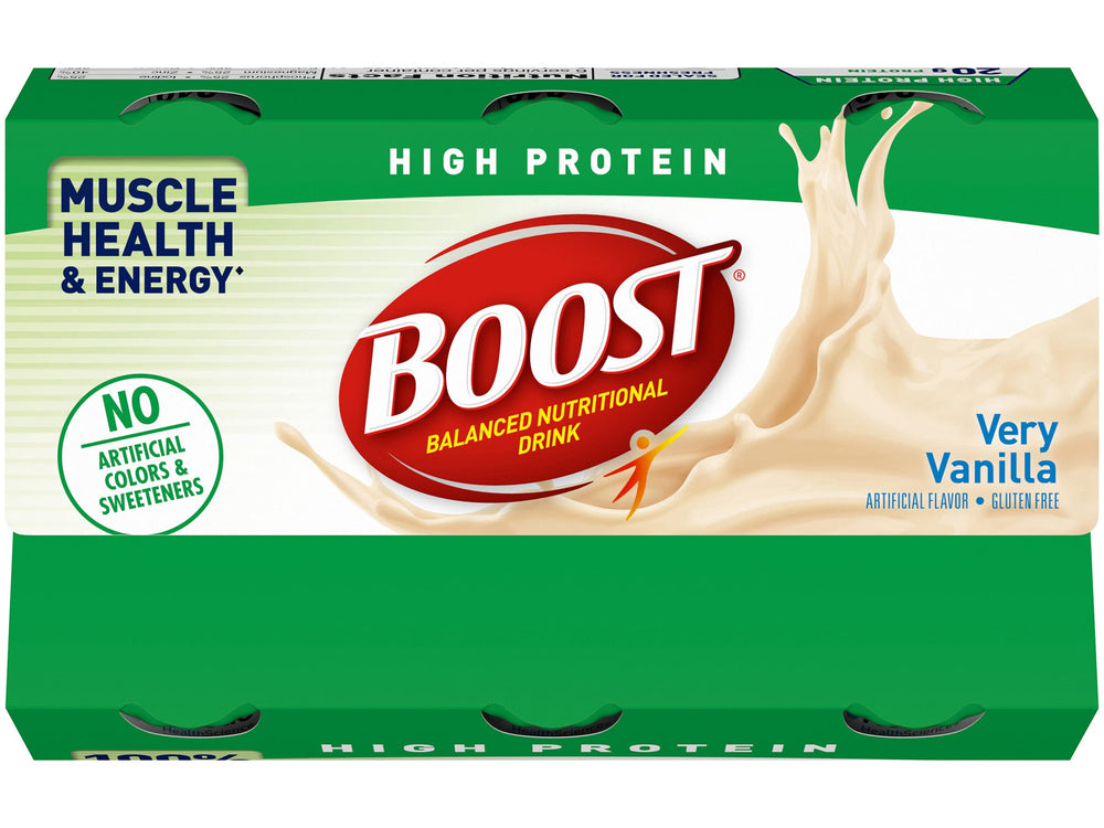 Gluten free label on BOOST Vanilla bottle for gluten free friendly nutrition