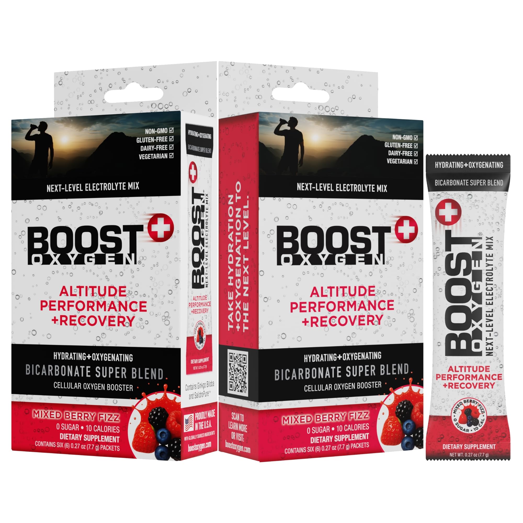 Boost Oxygen next-level hydration packet in box front, ready for on-the-go hydration.