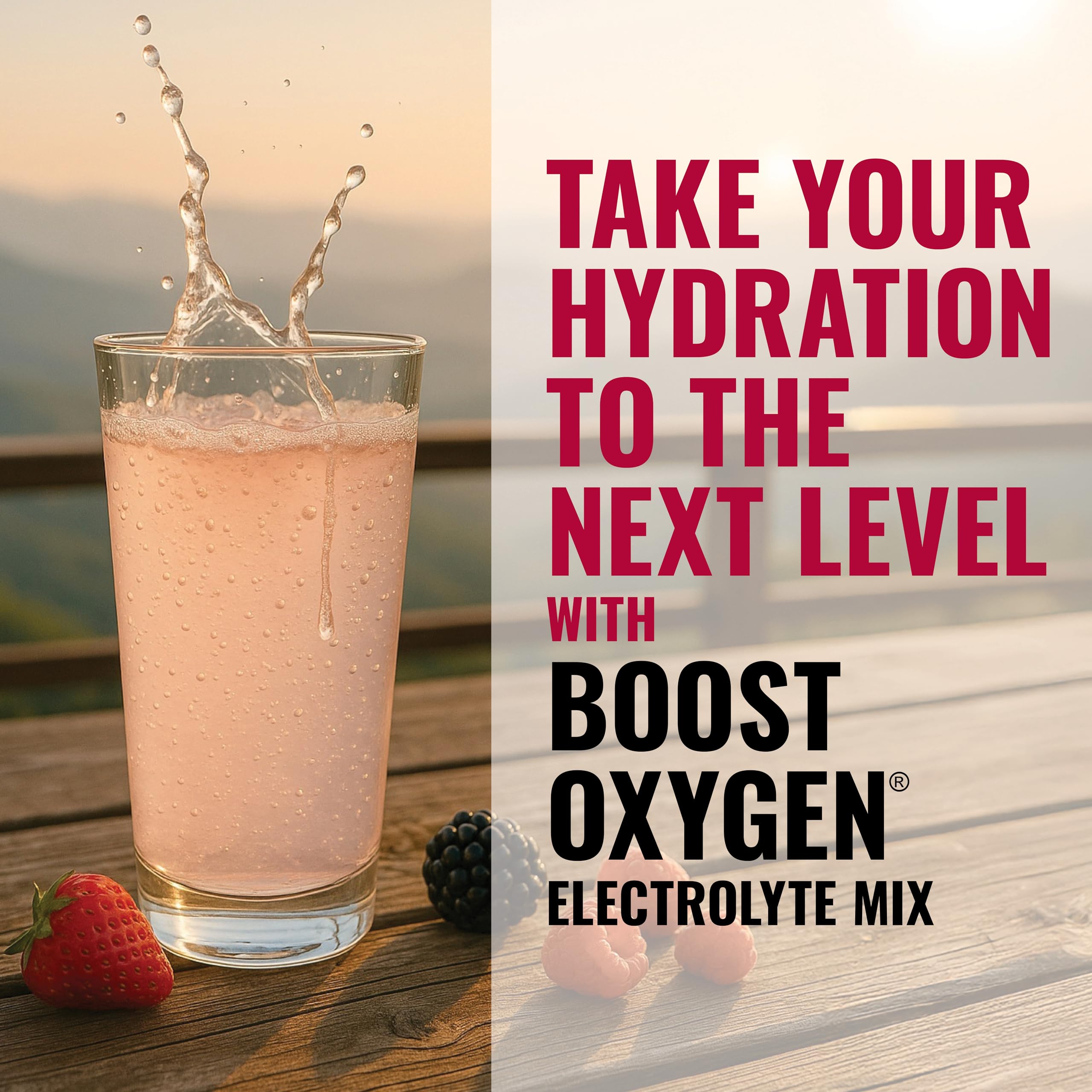 Boost Oxygen hydration packet pouring water with fizz demonstrates refreshing hydration
