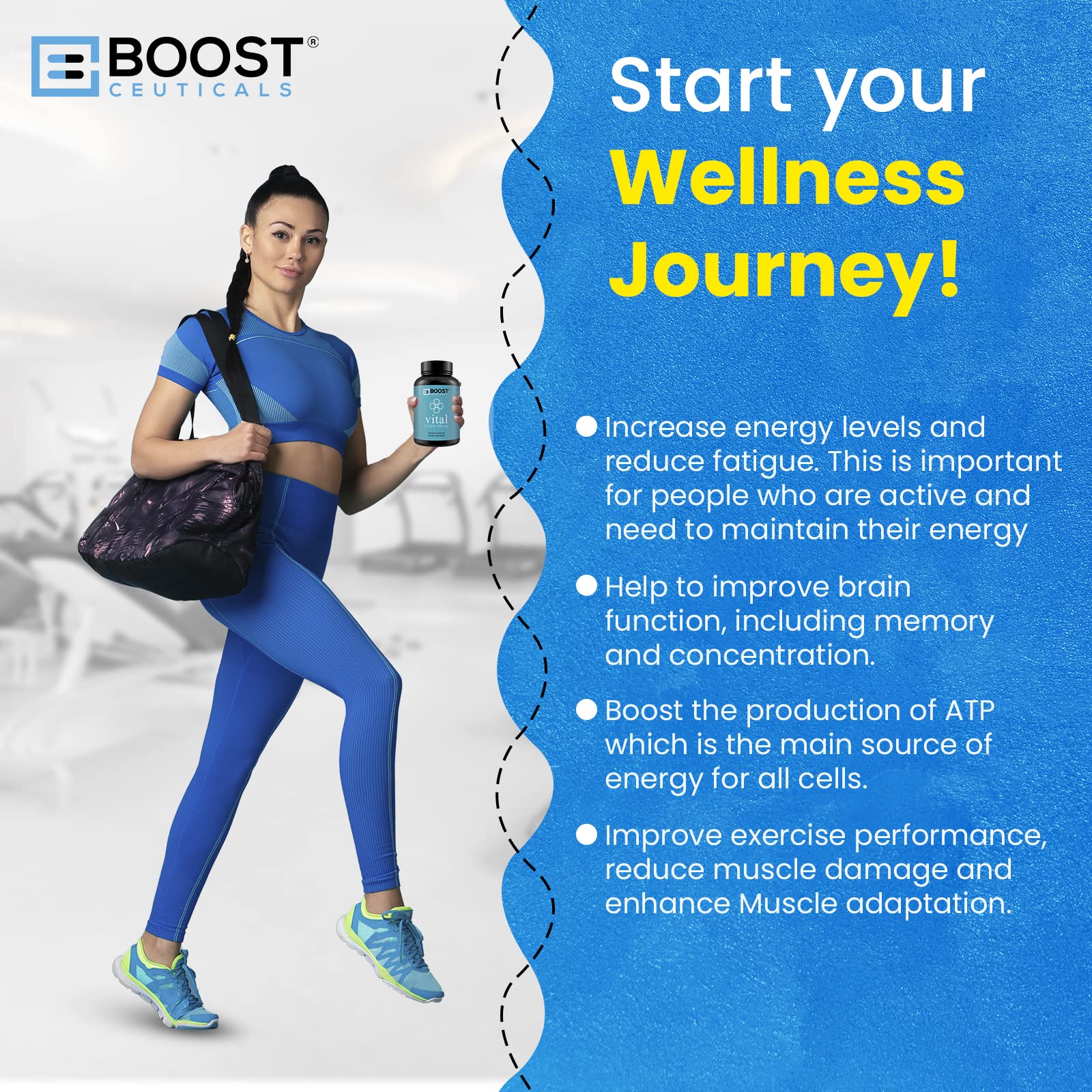 BoostCeuticals CoQ10 bottle label shows vegan, gluten-free, non-GMO ingredients