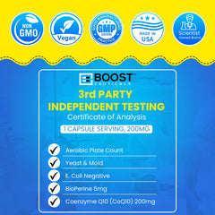 Close-up of BoostCeuticals CoQ10 vegan capsules highlighting high absorption formula