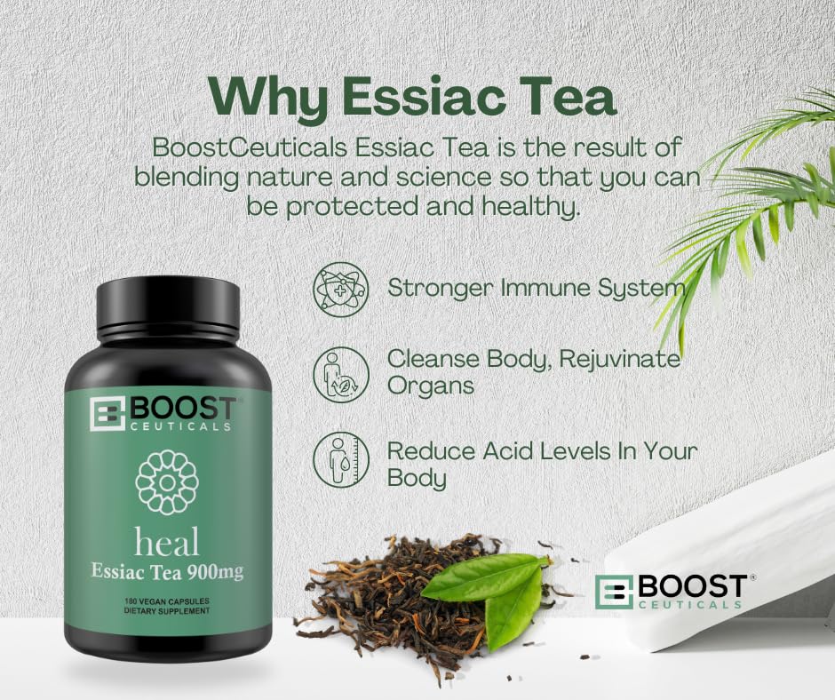 BoostCeuticals Essiac capsules label and ingredients highlight vegan formula.