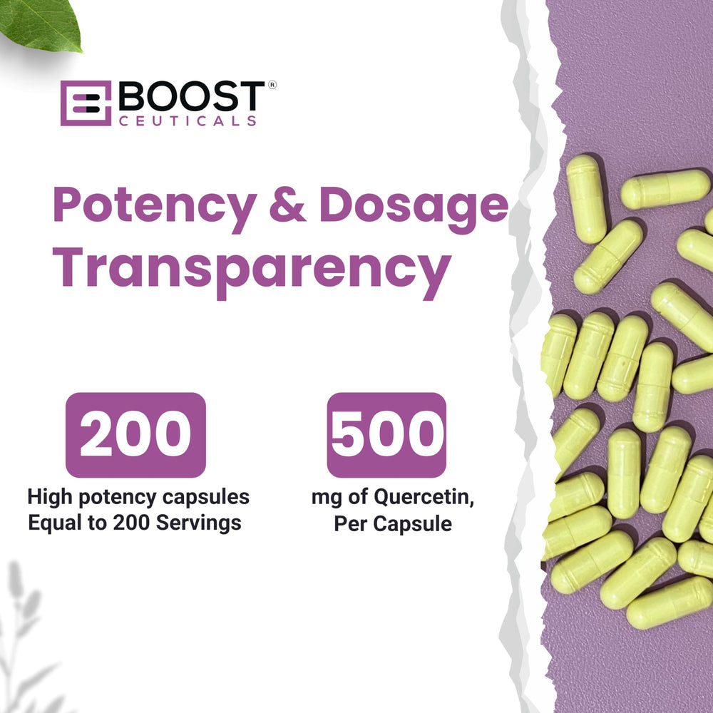 Closeup of BoostCeuticals Quercetin capsules highlighting vegan, high-potency formula.