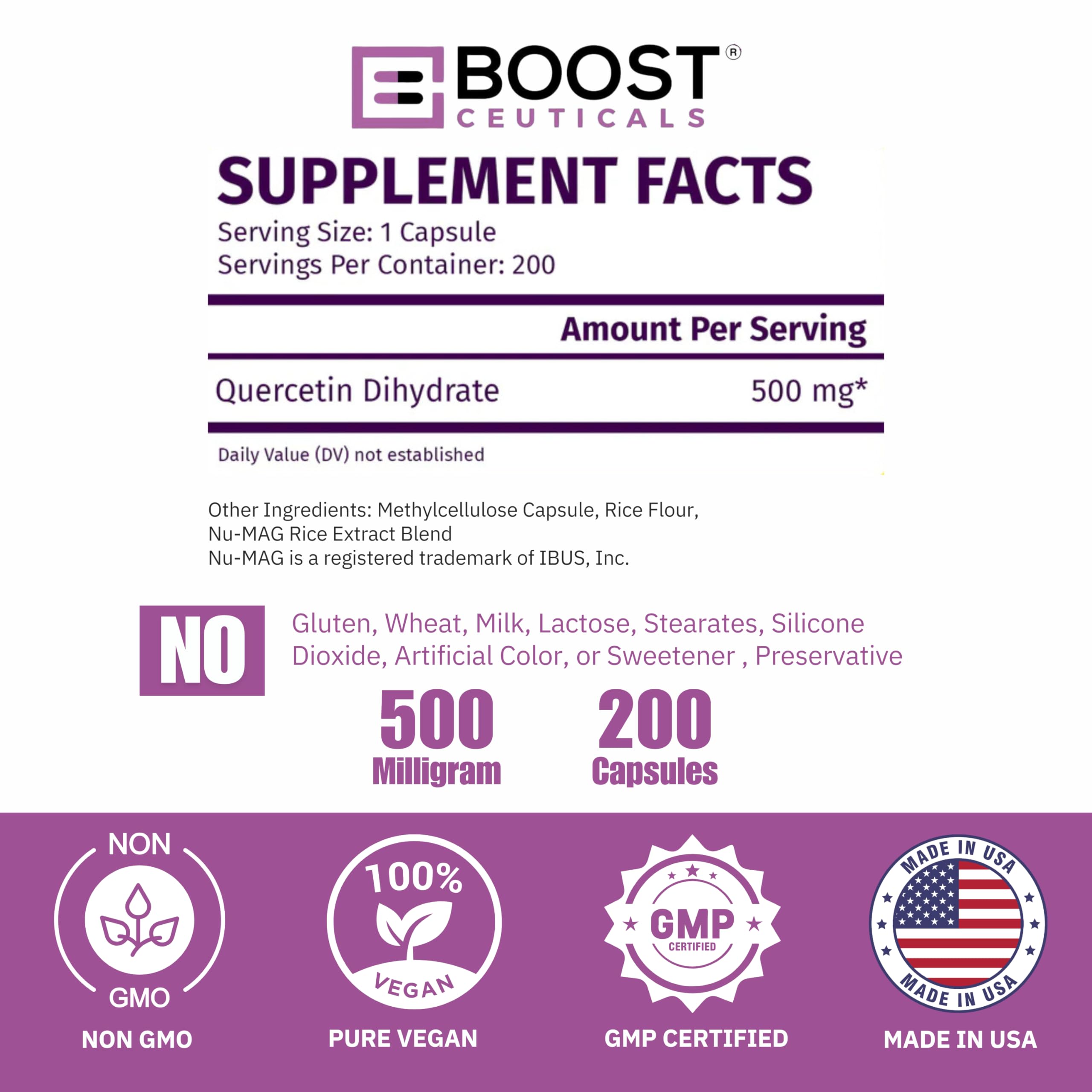 Nutrition label for BoostCeuticals Quercetin shows non-GMO and gluten-free ingredients.