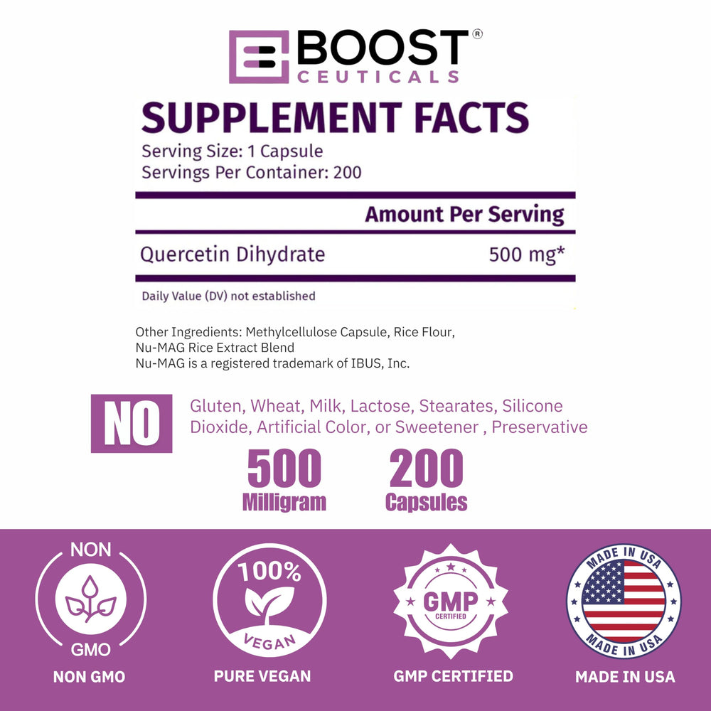 Nutrition label for BoostCeuticals Quercetin shows non-GMO and gluten-free ingredients.