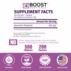 Nutrition label for BoostCeuticals Quercetin shows non-GMO and gluten-free ingredients.