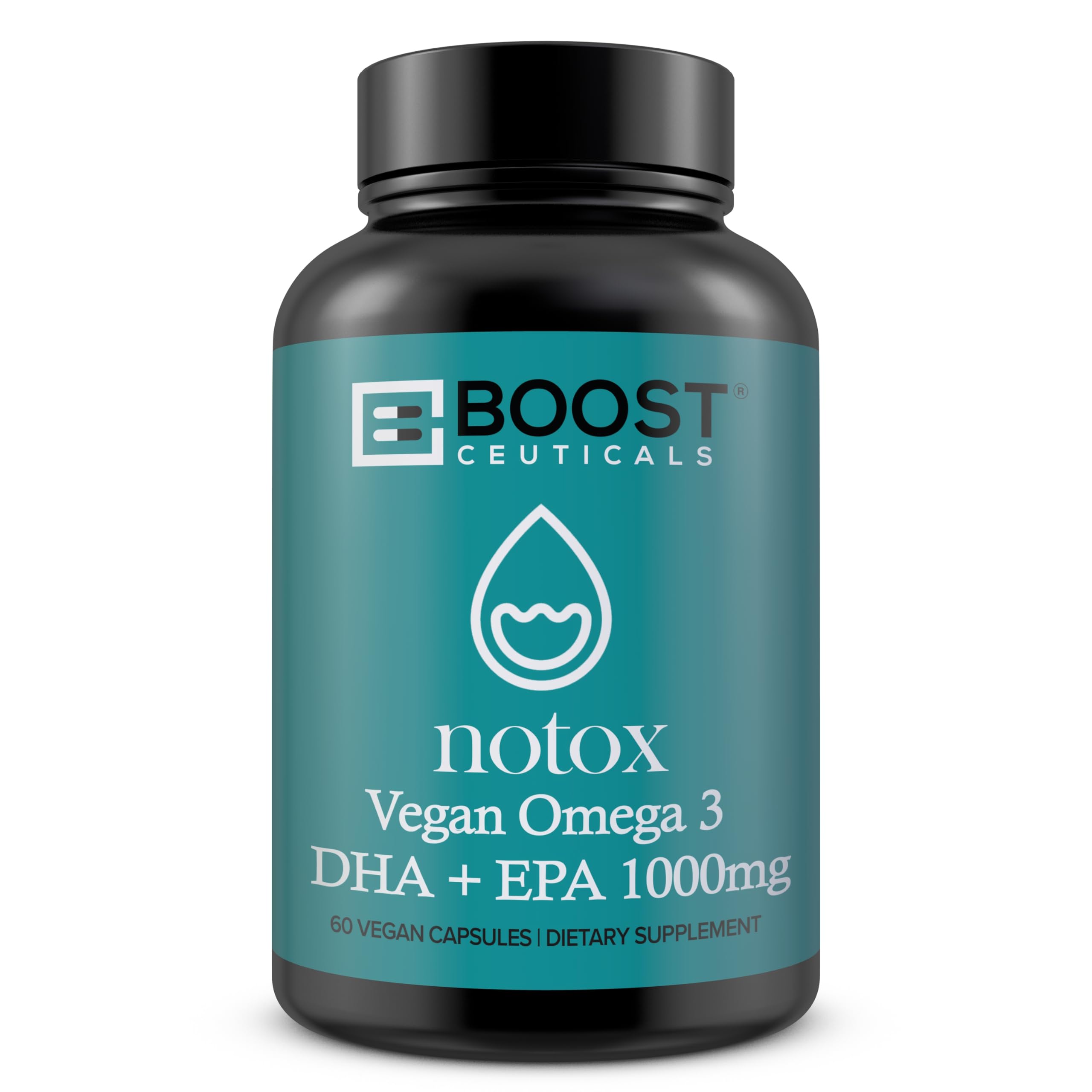BoostCeuticals vegan omega-3 softgels in bottle for daily heart and brain support.