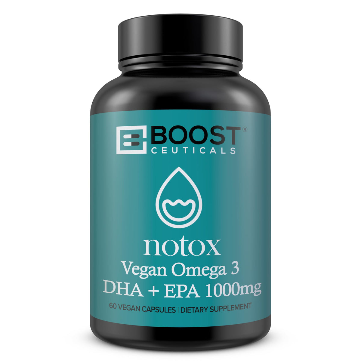 BoostCeuticals vegan omega-3 softgels in bottle for daily heart and brain support.