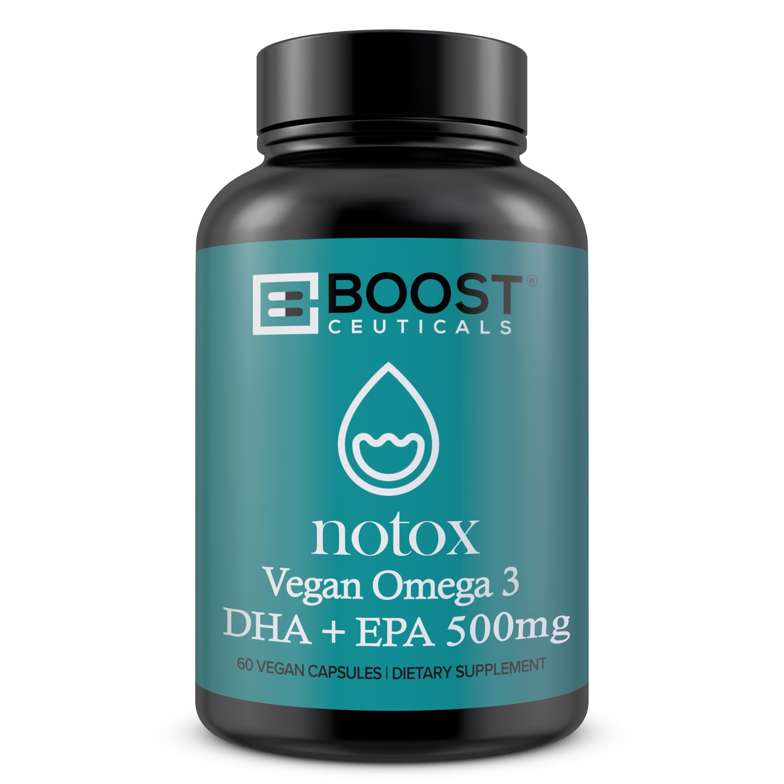 BoostCeuticals vegan omega-3 bottle showcases algae-based DHA and EPA benefits.