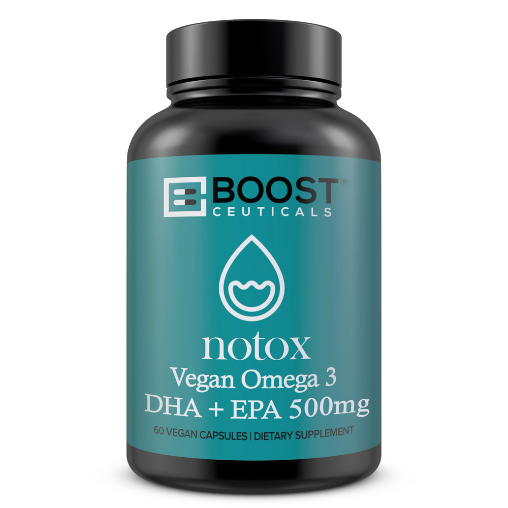 BoostCeuticals vegan omega-3 bottle showcases algae-based DHA and EPA benefits.