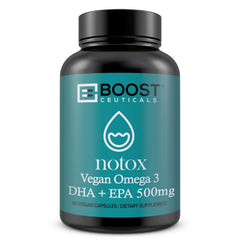 BoostCeuticals vegan omega-3 bottle showcases algae-based DHA and EPA benefits.