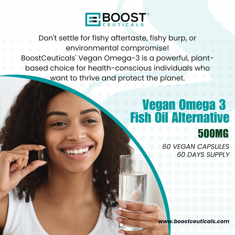 BoostCeuticals vegan omega-3 label emphasizes gluten-free and non-GMO ingredients.