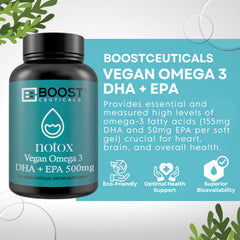BoostCeuticals vegan omega-3 softgel close-up highlights small, easy-to-swallow capsules.