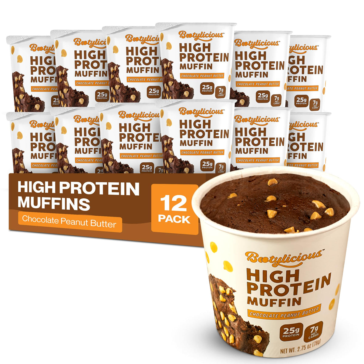 Bootylicious chocolate peanut butter muffin cup showing rich flavor and protein-packed goodness.