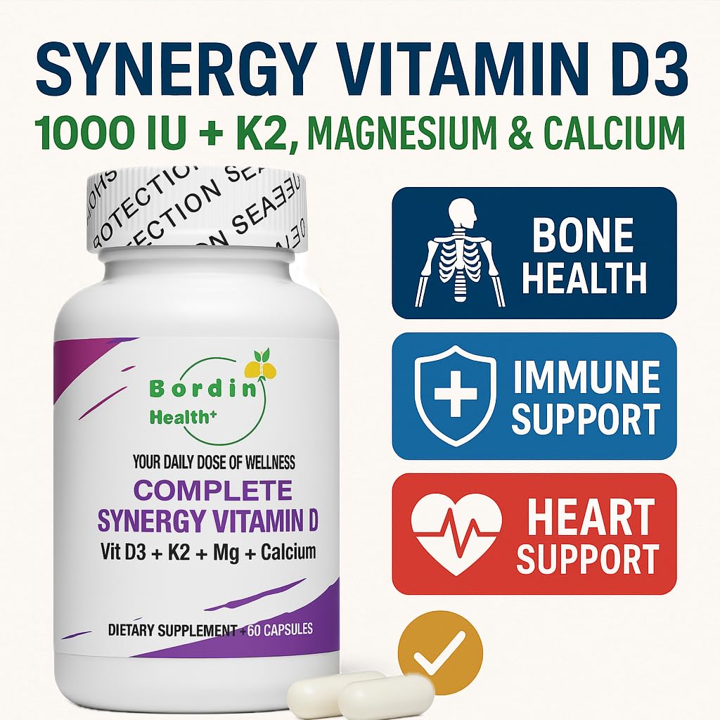 Closeup of Bordin Health D3 K2 Mg Zinc capsules showing high absorption synergy