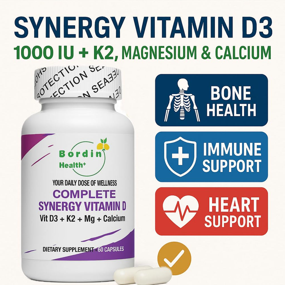 Closeup of Bordin Health D3 K2 Mg Zinc capsules showing high absorption synergy