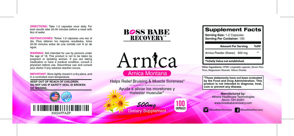 Boss Babe Recovery Arnica Capsules label highlights gluten-free formula
