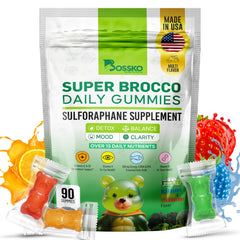 BOSSKO sulforaphane gummies bottle shows a vegan, sugar-free daily wellness option.