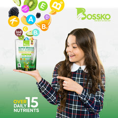 BOSSKO sulforaphane gummies label close-up highlights mixed berry flavors.