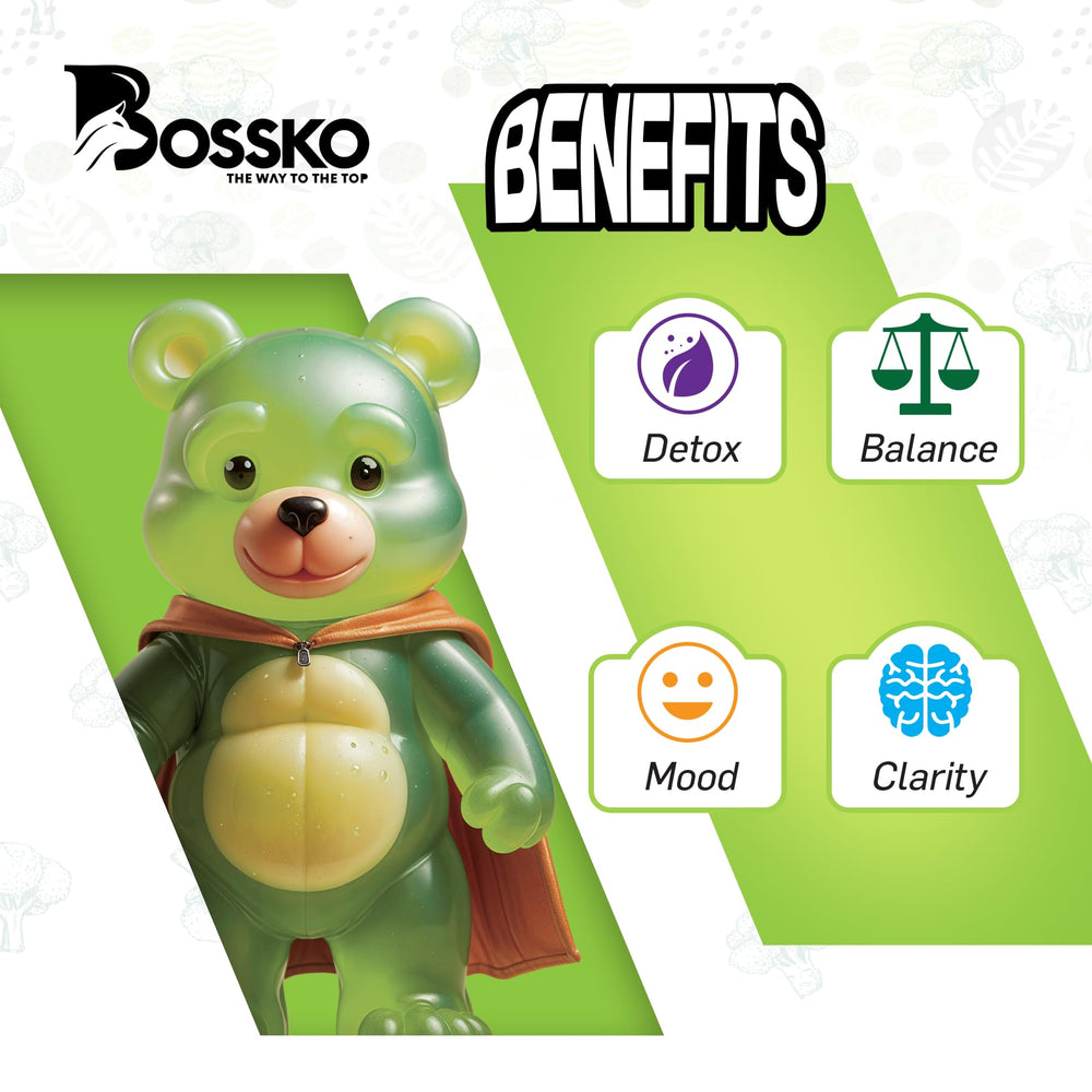 BOSSKO sulforaphane gummies orange flavor close-up suggests a refreshing bite.