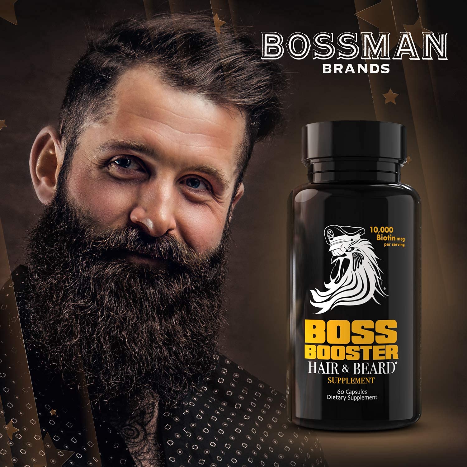 Bossman Boss Booster daily dosage guidance showing two capsules with food.