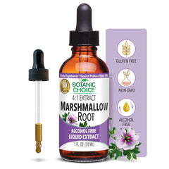 Botanic Choice marshmallow root liquid extract bottle labeled for throat comfort.