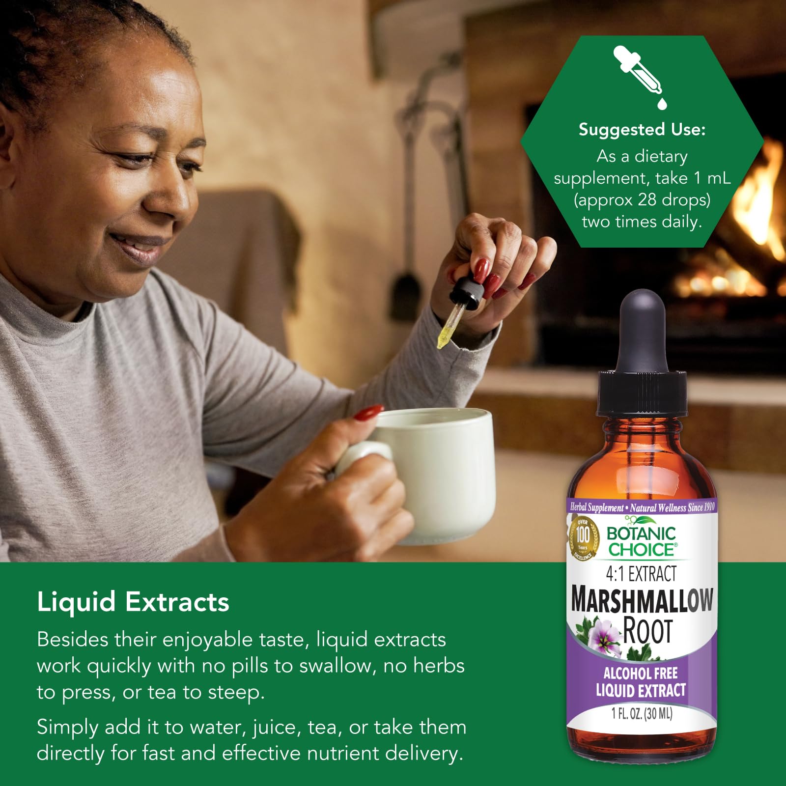 Botanic Choice marshmallow root liquid extract box and bottle display.