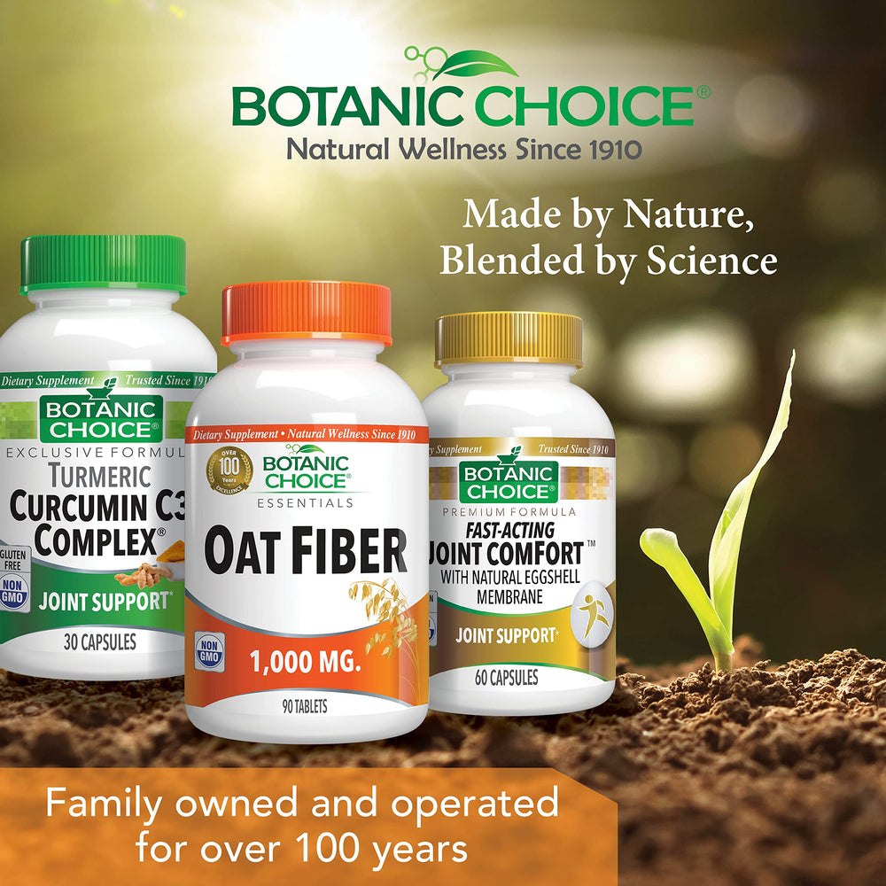 Botanic Choice oat fiber bottle on counter in natural light