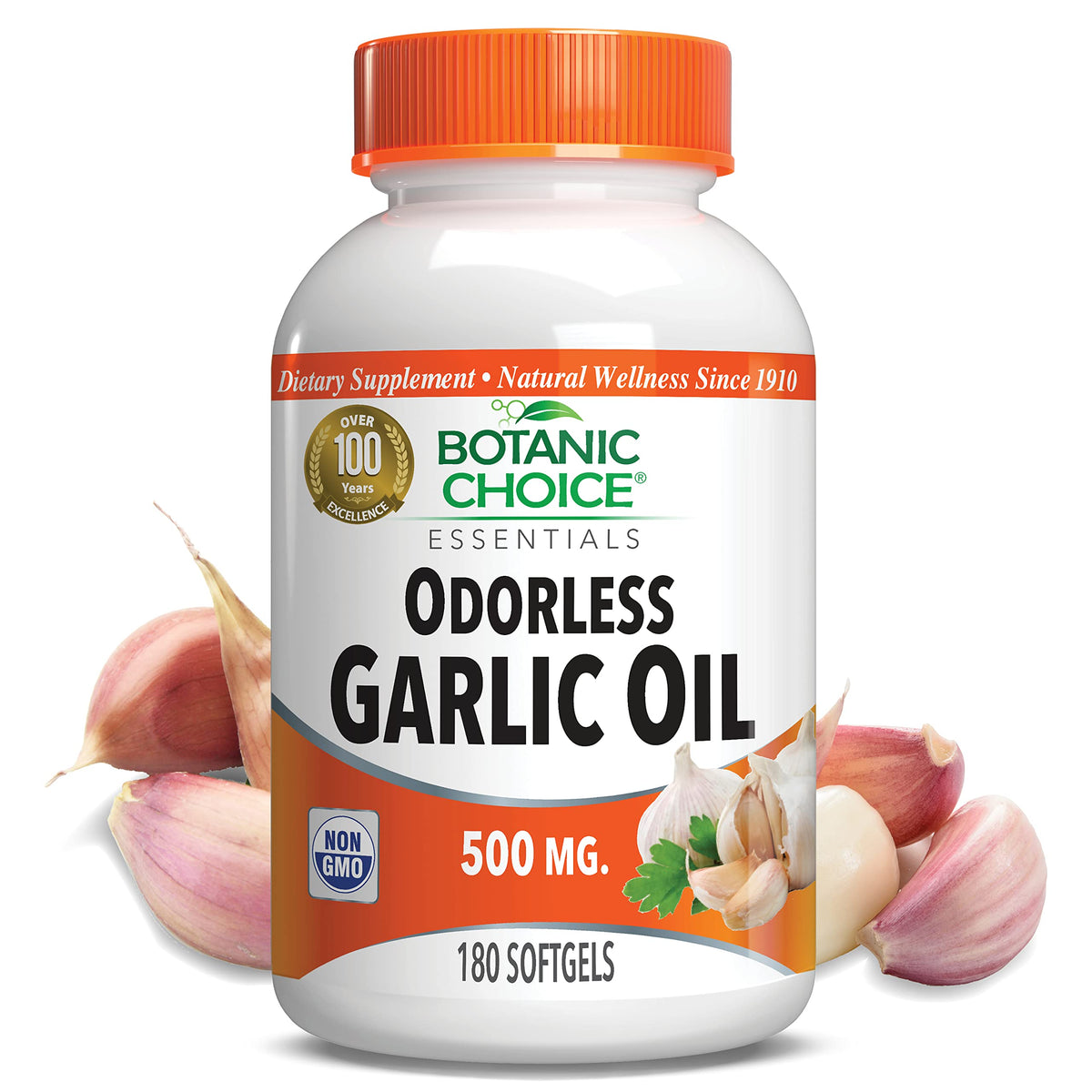 Botanic Choice Odorless Garlic Oil softgels bottle pour for easy daily dosing.