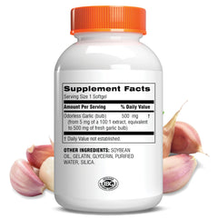 Botanic Choice Odorless Garlic Oil capsules closeup emphasizing convenient daily supplement for immune support.