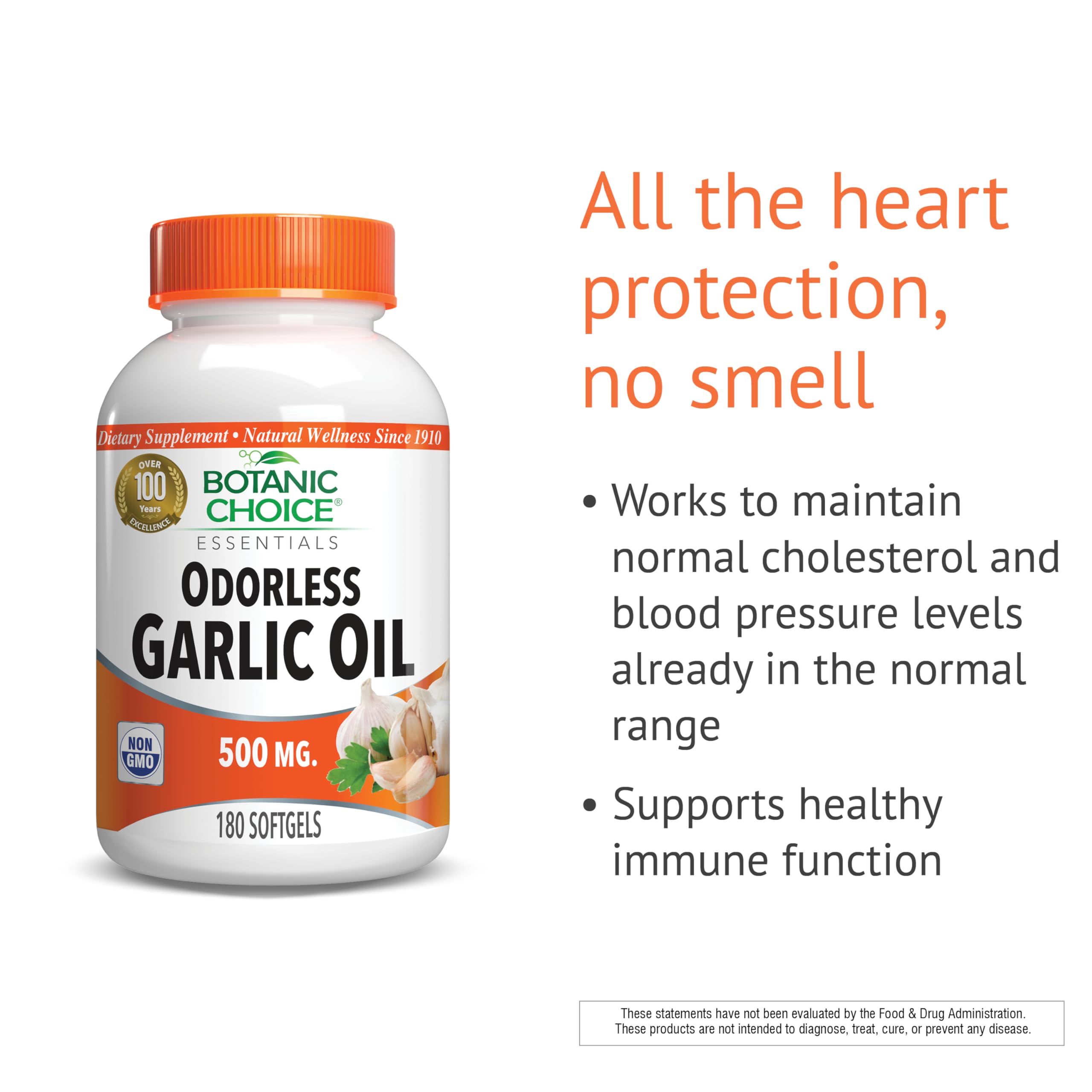 Botanic Choice Odorless Garlic Oil label view shows gluten-free, non-GMO formulation.