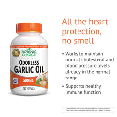 Botanic Choice Odorless Garlic Oil label view shows gluten-free, non-GMO formulation.