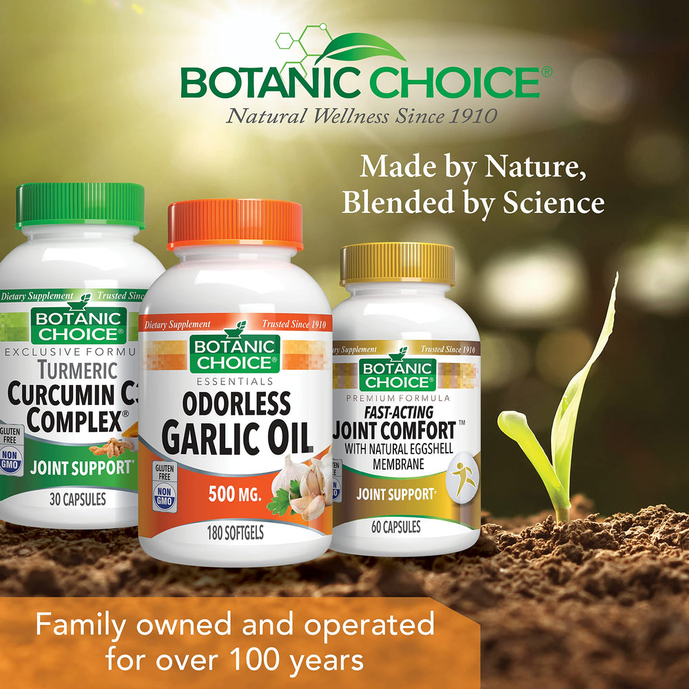 Botanic Choice Odorless Garlic Oil packaging back outlines safety and allergen information.