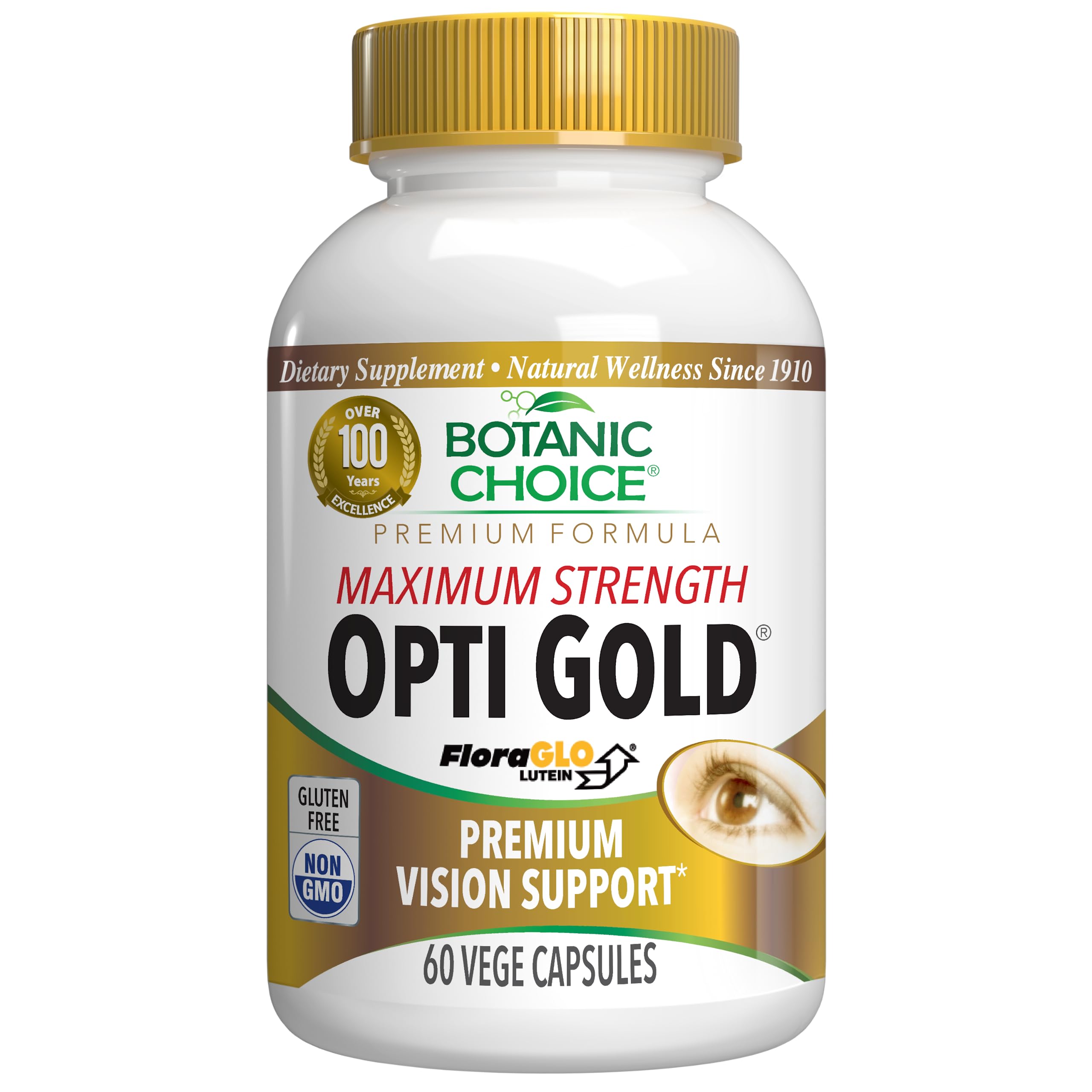 Botanic Choice Opti Gold Vision bottle with capsules for daily eye support.