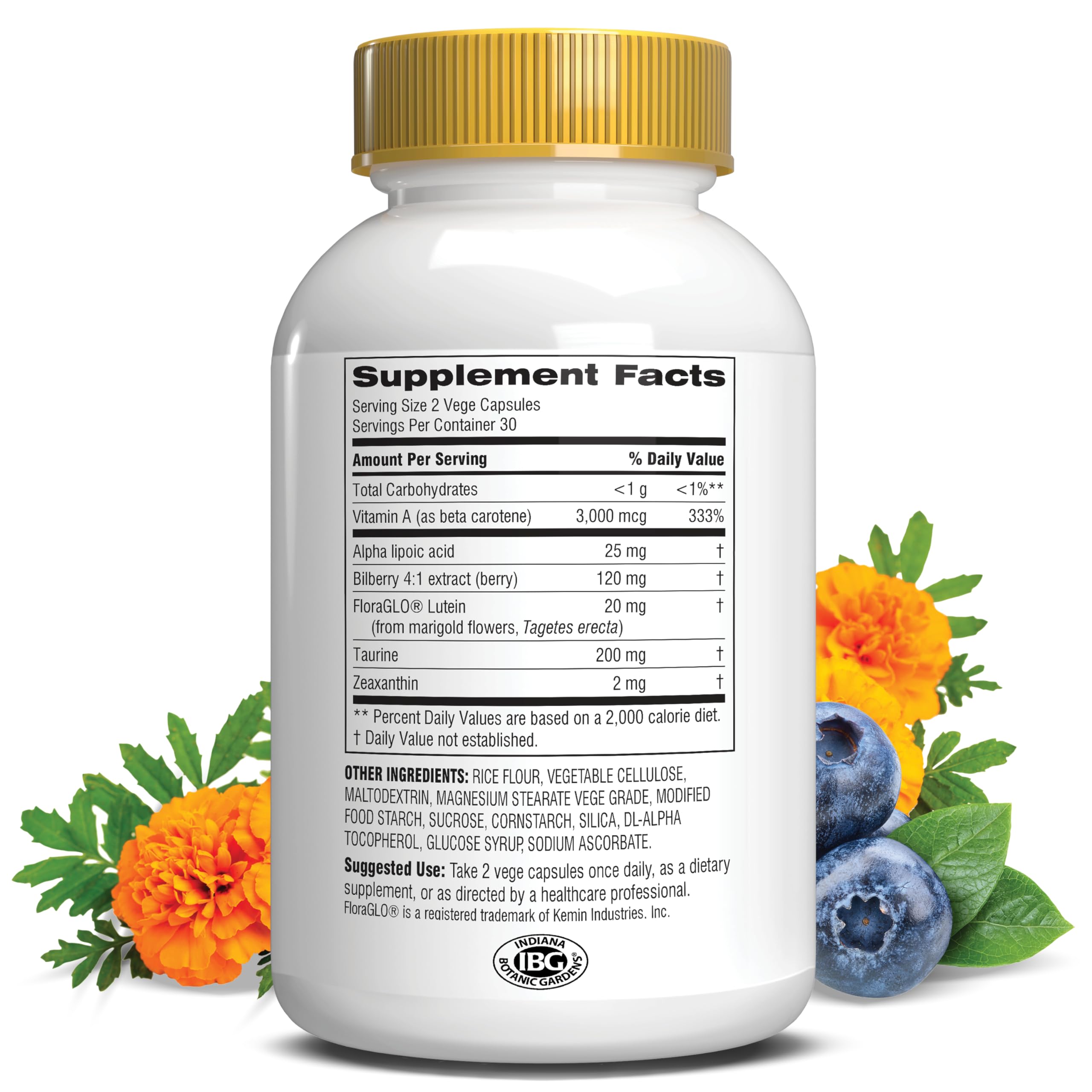 Close-up of Opti Gold Vision capsules showing a lutein-rich formula.