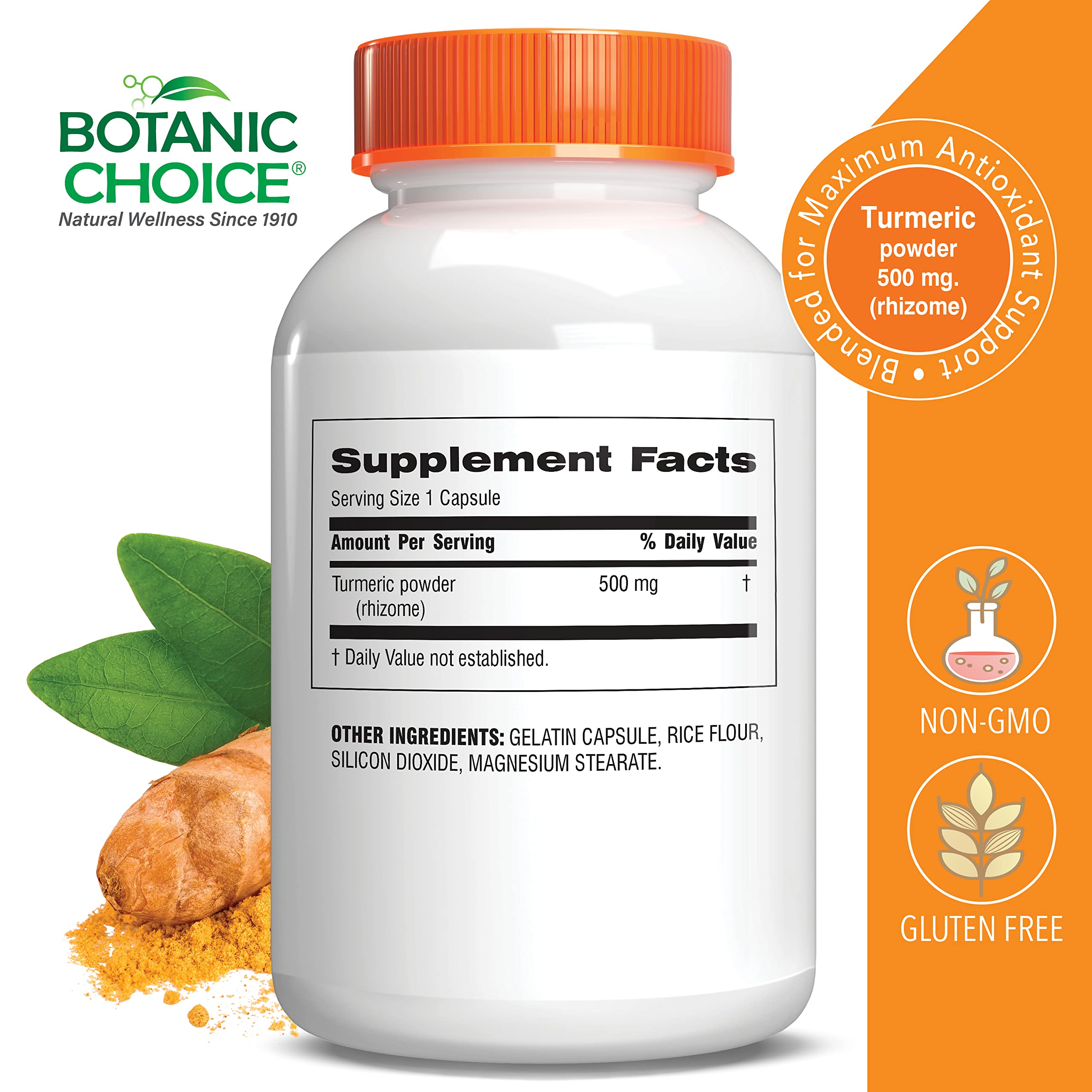 Botanic Choice Premium Turmeric capsules close-up shows vegan, easy-to-swallow capsules.