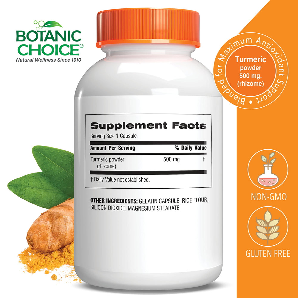 Botanic Choice Premium Turmeric capsules close-up shows vegan, easy-to-swallow capsules.