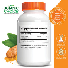 Botanic Choice Premium Turmeric capsules close-up shows vegan, easy-to-swallow capsules.