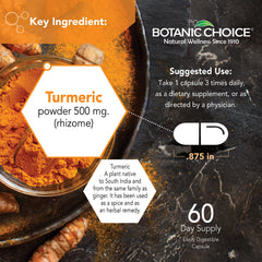 Botanic Choice Premium Turmeric label close-up emphasizes gluten-free and GMO-free formula.