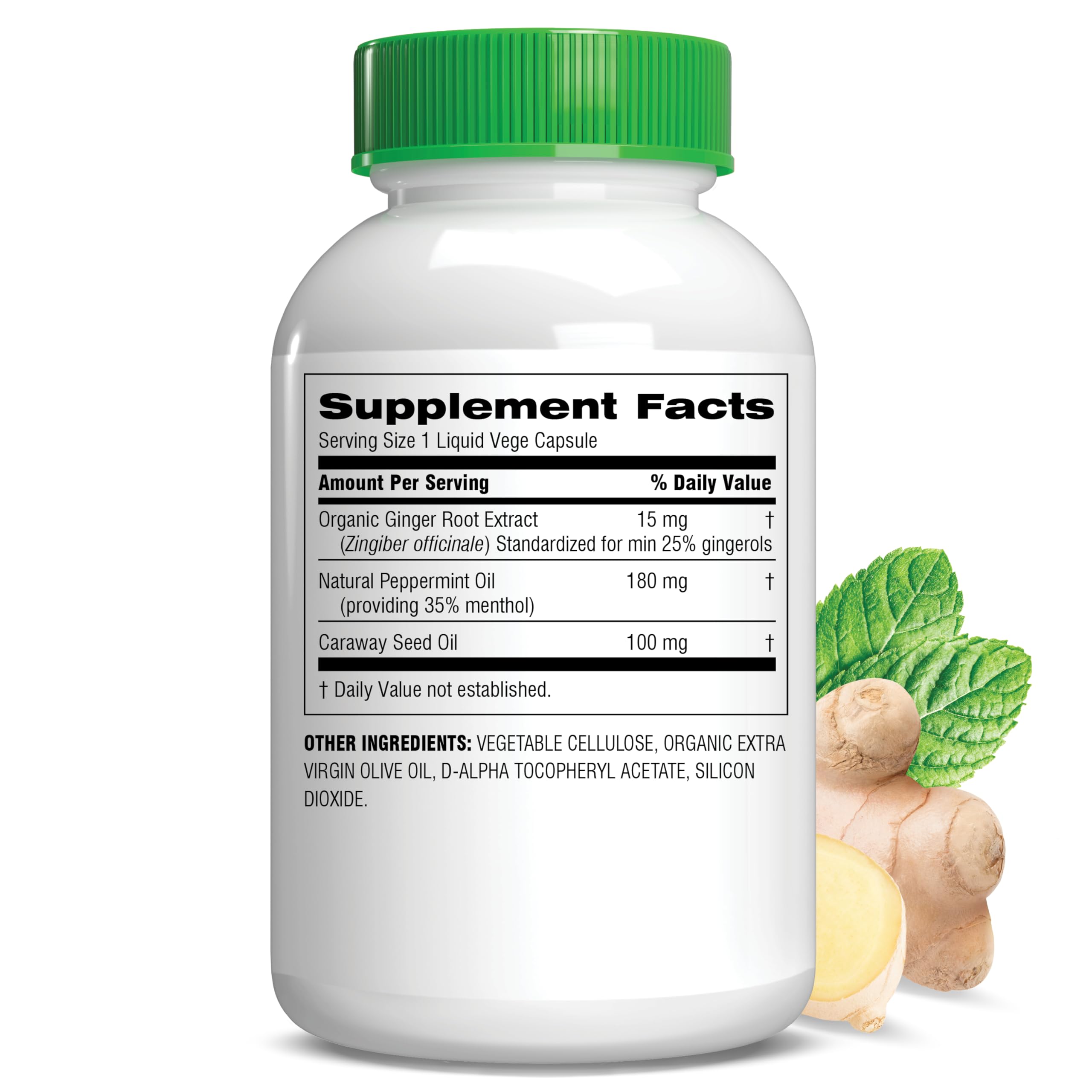 Botanic Choice Vege capsules close-up showing natural ginger, peppermint, and caraway.
